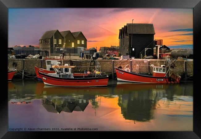 Whitstable Harbour Sunset Glow Framed Print by Alison Chambers