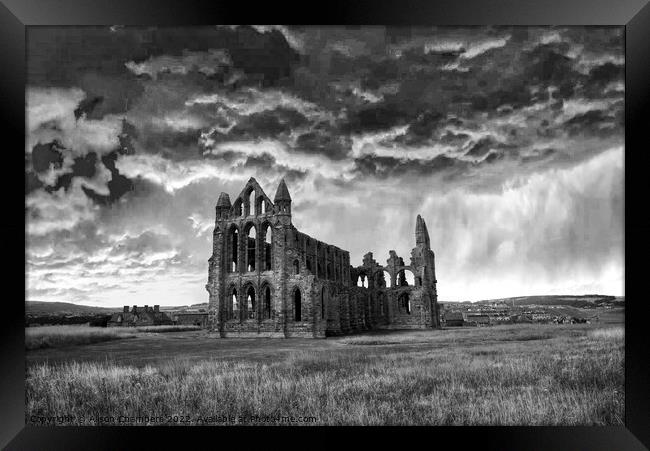 Whitby Abbey Storm Clouds Monochrome  Framed Print by Alison Chambers