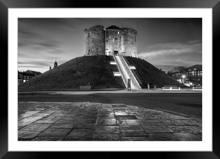 Cliffords Tower At Night Monochrome  Framed Mounted Print by Alison Chambers