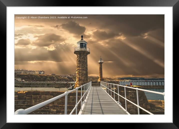 Whitby Harbour Lighthouses Framed Mounted Print by Alison Chambers
