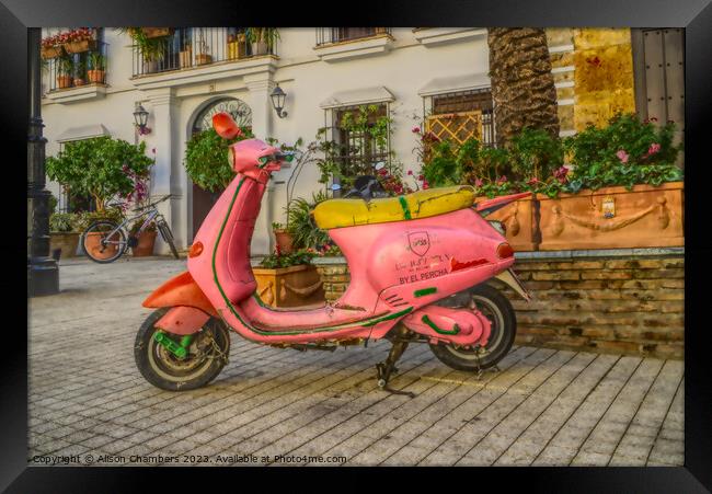 Marbella Old Town Scooter Framed Print by Alison Chambers