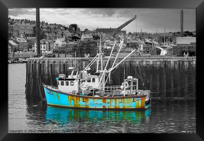 Whitby Harbour Boat Framed Print by Alison Chambers