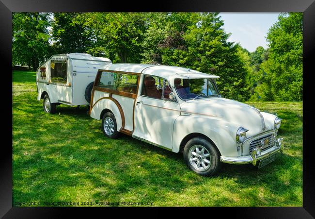 Morris Minor Traveller and Caravan Framed Print by Alison Chambers