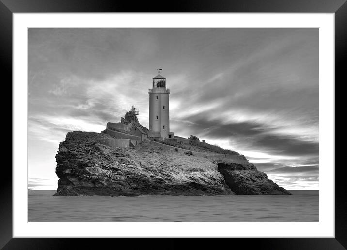 Godrevy Lighthouse Cornwall BW Framed Mounted Print by Alison Chambers