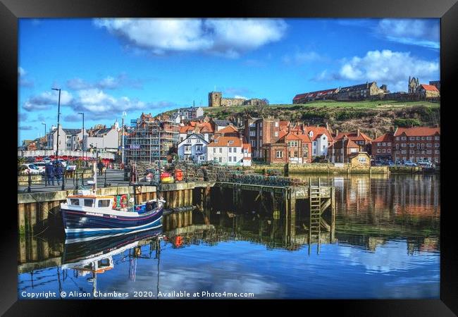 Whitby Harbour Blues Framed Print by Alison Chambers