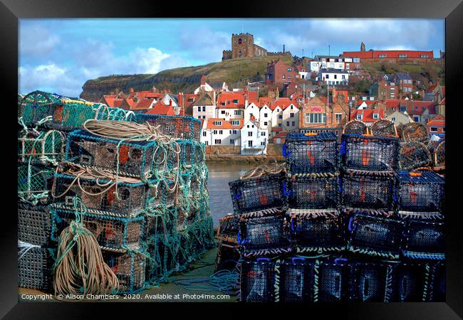 Whitby Harbour and Lobster Baskets Framed Print by Alison Chambers