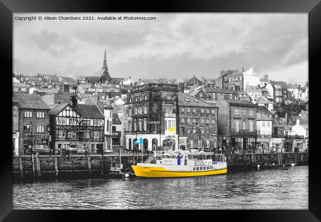 Whitby Harbour Yellow boat, North Yorkshire Coast  Framed Print by Alison Chambers