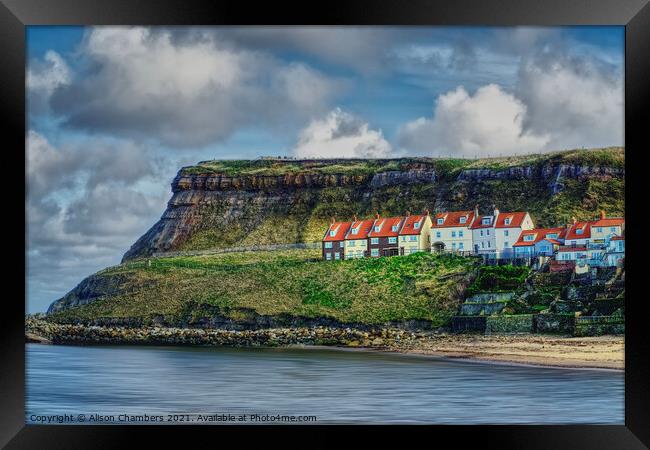 Whitby East Cliff Cottages  Framed Print by Alison Chambers