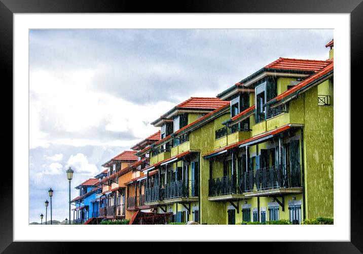 beautiful colorful buildings on the coast under rainy weather Framed Mounted Print by David Galindo