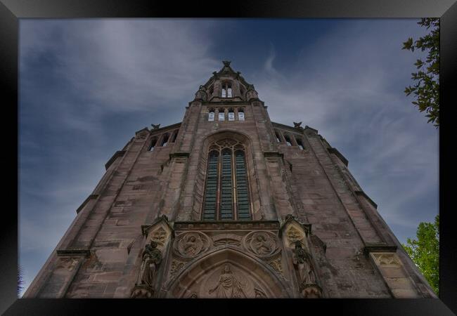 creepy bottom up view of medieval church Framed Print by David Galindo