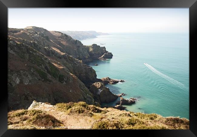Rocky coast near Crabbe, Jersey, Channel Islands Framed Print by David Mather