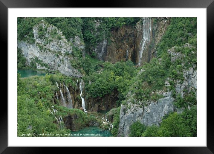 Waterfalls at Plitvicka Lakes, Croatia dwarf the visitors Framed Mounted Print by David Mather