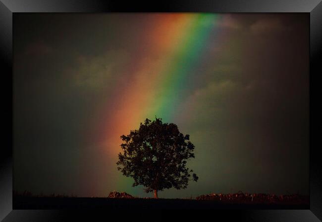 storm Light and rainbow Framed Print by Simon Johnson