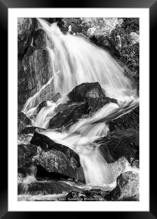 Waterfall Monochrome Framed Mounted Print by Simon Johnson