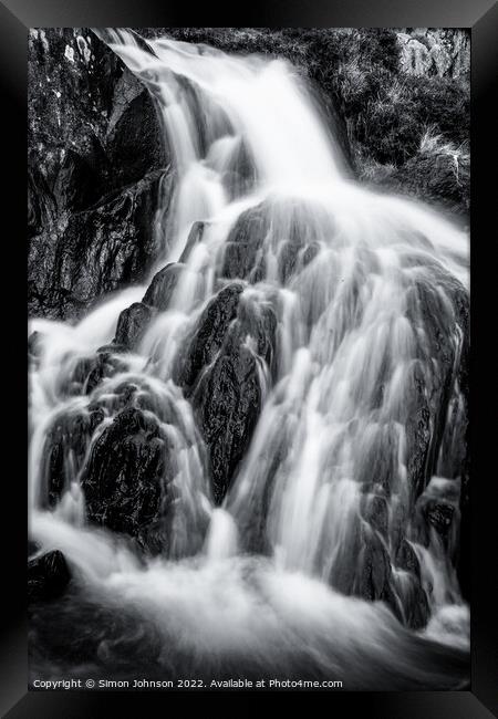 waterfall Monochrome Framed Print by Simon Johnson