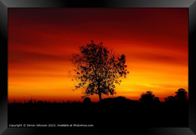 Tree silhouette at sunset  Framed Print by Simon Johnson