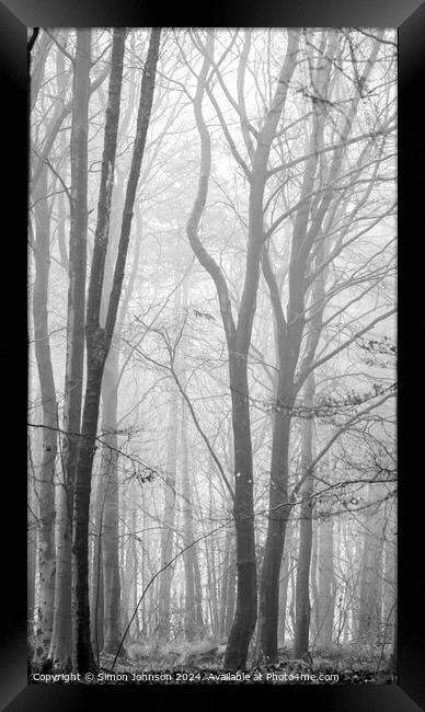 Snowshill woods in mist Framed Print by Simon Johnson