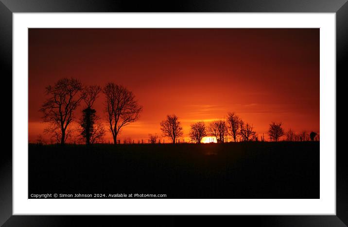 Tree silhouette sunrise Framed Mounted Print by Simon Johnson