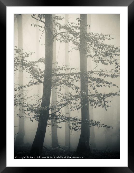 Trees in Mist monochrome  Framed Mounted Print by Simon Johnson