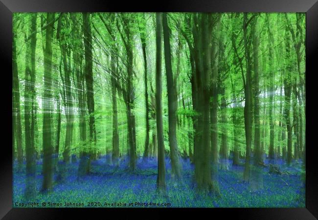 Bluebell Woodlanf creative image Framed Print by Simon Johnson