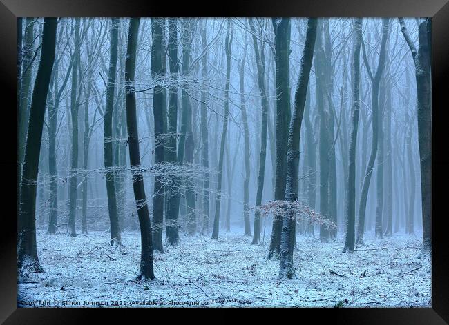 Winter wood, snow and fog Framed Print by Simon Johnson