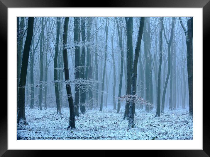 Winter wood, snow and fog Framed Mounted Print by Simon Johnson