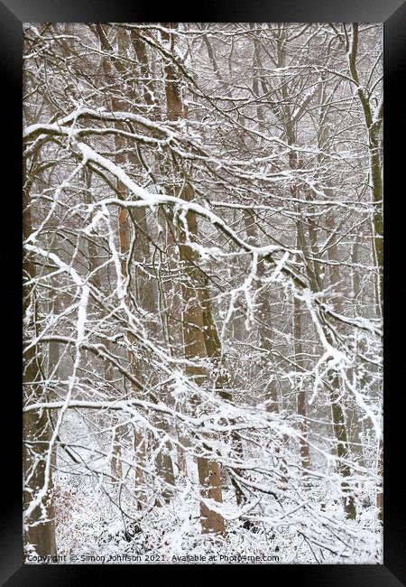 woodland winter blizzard Framed Print by Simon Johnson