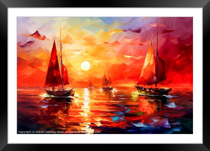 Red Sunset and Sails Framed Mounted Print by Robert Deering