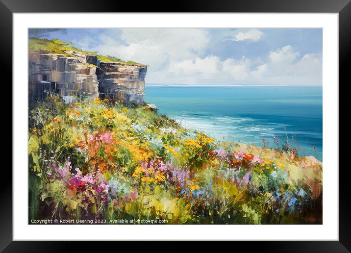 Cliffs Sea and Wild Flowers Three Framed Mounted Print by Robert Deering