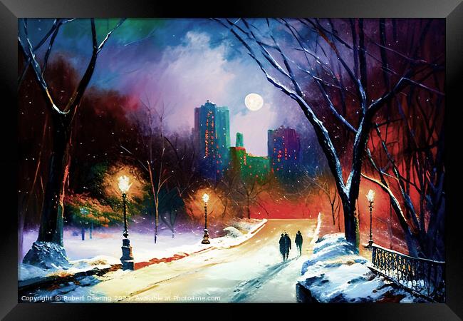 Central Park At Night In Winter With Moon Framed Print by Robert Deering