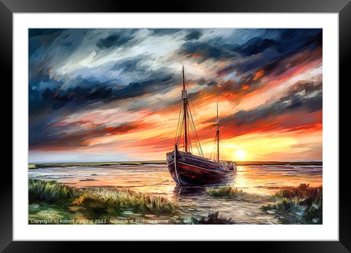 Sailing Boat On River At Sunset Framed Mounted Print by Robert Deering