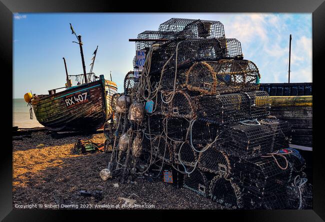 Lobster Pots and Fishing Boat Framed Print by Robert Deering