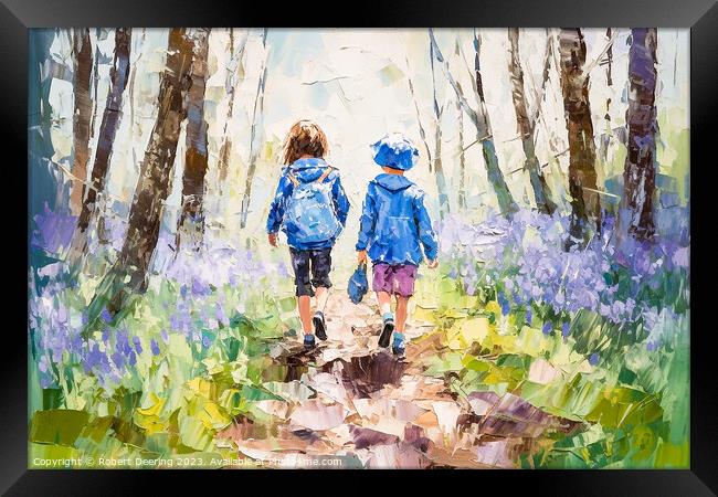 To School Through Bluebell Woods Framed Print by Robert Deering