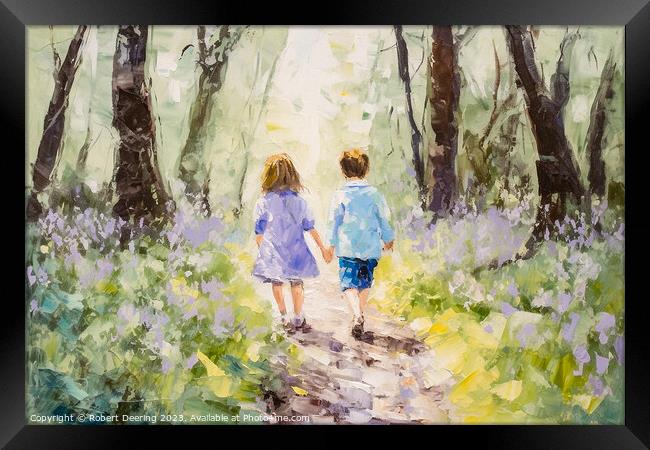 Hand in Hand in Bluebell woods Framed Print by Robert Deering