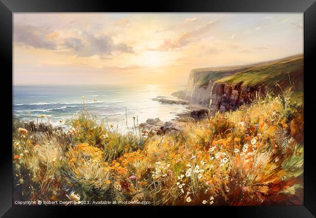 Sea Cliifs and Wildflowers Golden Hour 1 Framed Print by Robert Deering