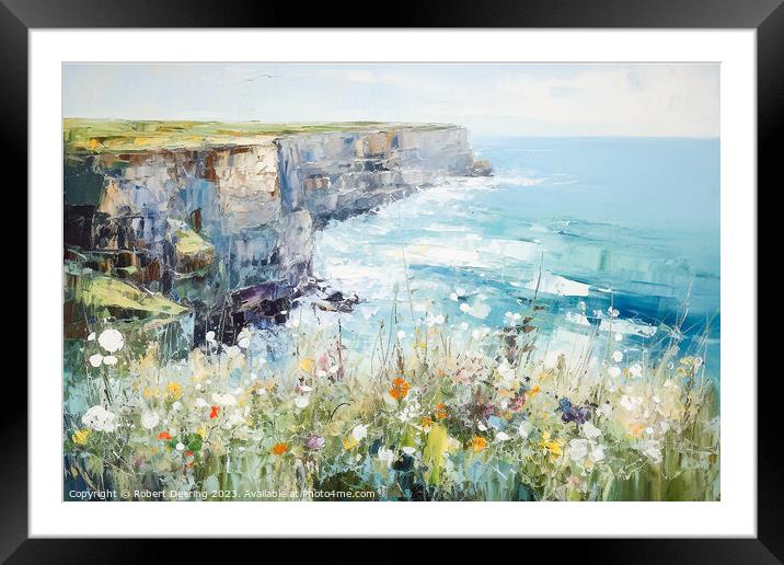 Wildflower Cliffside, Calm Seas Framed Mounted Print by Robert Deering