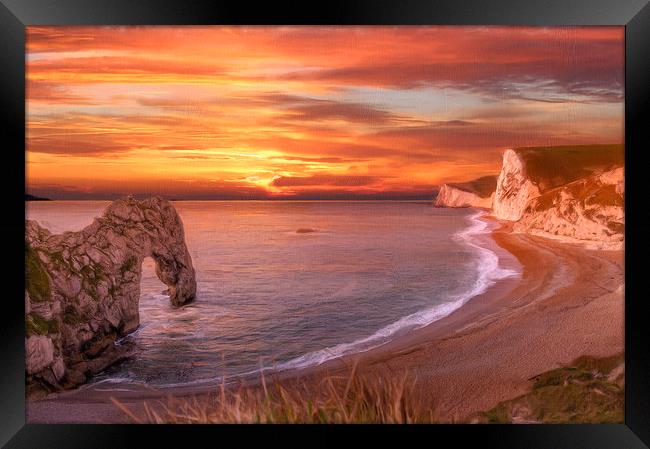 Durdle Door Dorset Sunset Framed Print by Robert Deering
