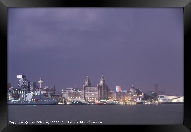 Liverpool Waterfront Lightning Illuminations Framed Print by Liam Neon