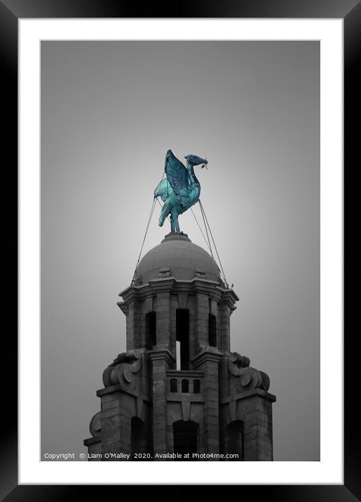 Liverpool Skyline Piercing Blue Liverbird Framed Mounted Print by Liam Neon