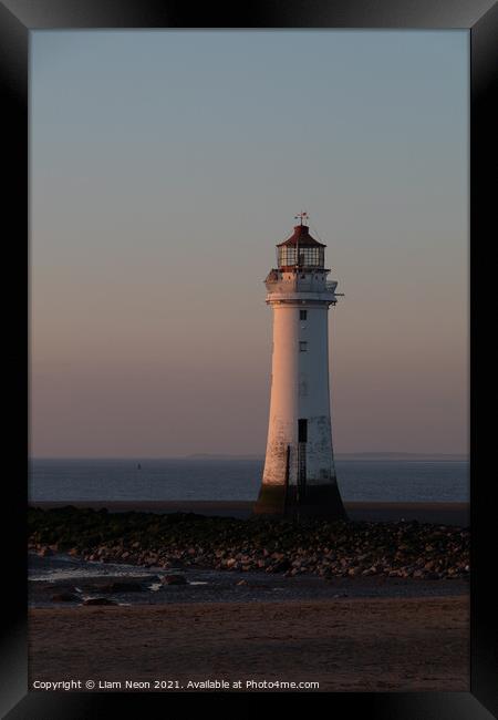 Golden Hour New Brighton Lighthouse Framed Print by Liam Neon
