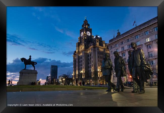 The Liverbirds at Twilight Framed Print by Liam Neon
