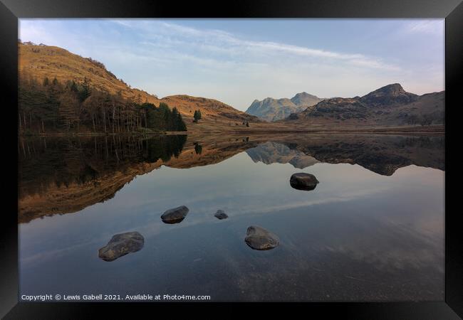 Reflections of Langdale Pikes from Blea Tarn, Lake Framed Print by Lewis Gabell