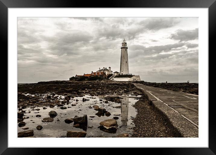 Moody Reflections of St Marys Lighthouse Framed Mounted Print by Aimie Burley