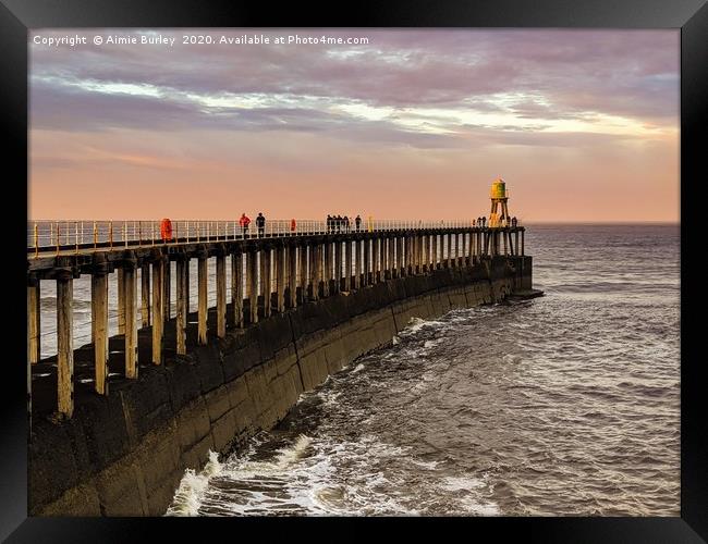 Whitby Pier at Sunset Framed Print by Aimie Burley