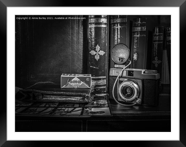 Vintage camera and flash Framed Mounted Print by Aimie Burley