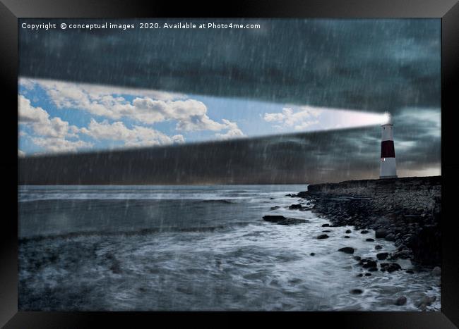 Lighthouse emitting beam of blue sky  Framed Print by conceptual images