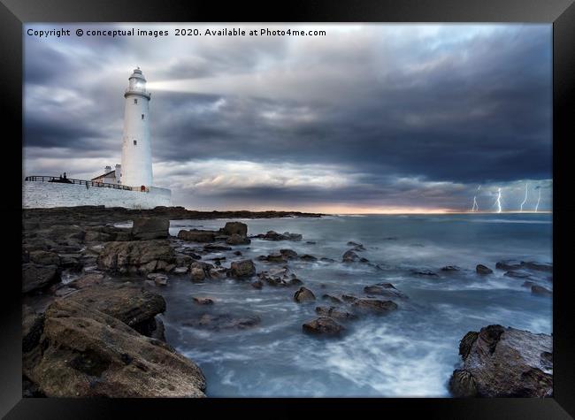 A view of a lighthouse a storm Framed Print by conceptual images