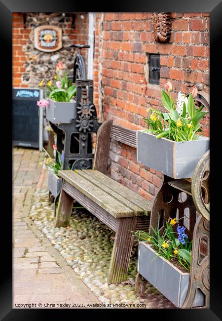 Wooden bench outside the Adam & Eve Pub, Norwich Framed Print by Chris Yaxley
