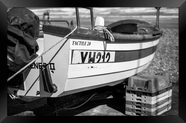 Close up of a fishing boat on Cromer beach in black and white Framed Print by Chris Yaxley
