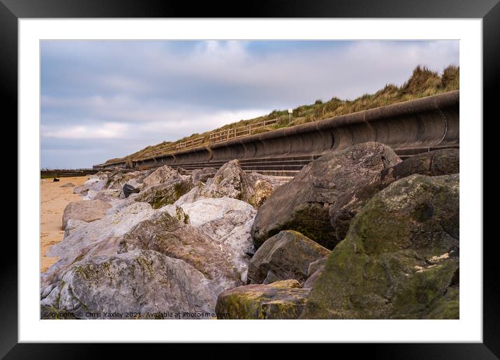 Norfolk coast erosion control on Cart Gap beach, Norfolk Framed Mounted Print by Chris Yaxley